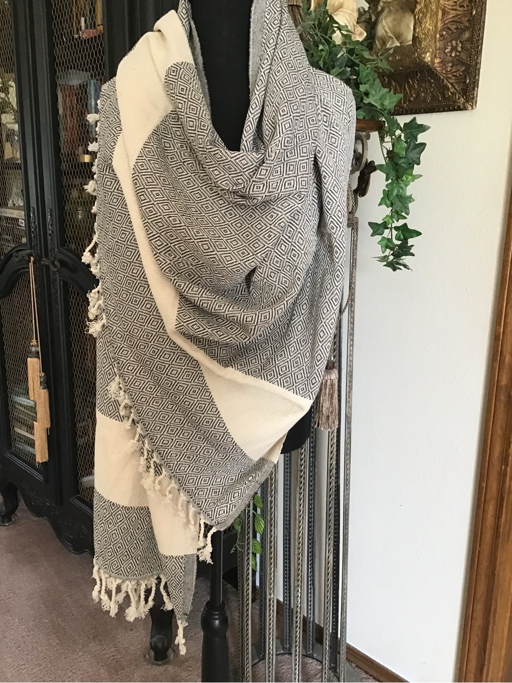 Cream and Black Geometric Fringe Towel